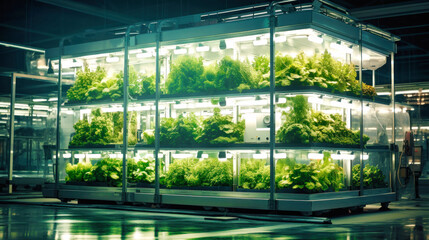 Modern hydroponics. An industrial greenhouse where fresh and healthy products are grown. Industrial cultivation of vegetables and herbs.