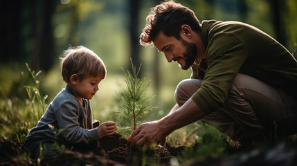 Dad and son are planting a tree