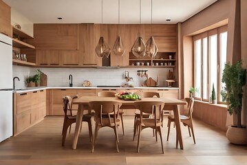  Wooden eco kitchen room with dining table.
