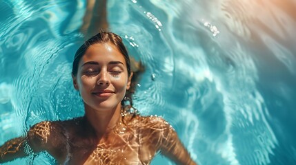 Awesome tan beautiful young woman swimming in the pool. Ai generative
