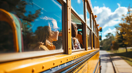 School bus carrying children to high school - obrazy, fototapety, plakaty