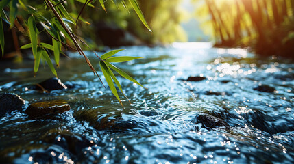The relaxing water flowing through the lush green forest