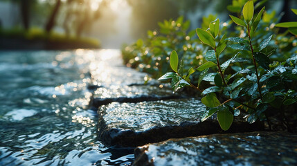The relaxing water flowing through the lush green forest
