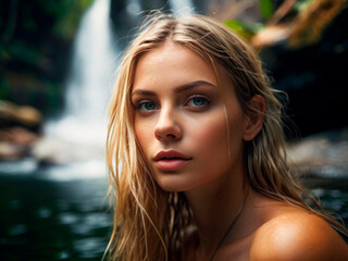 Portrait of a beautiful young woman with long blonde hair on the background of a waterfall