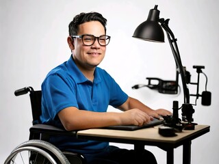 Portrait of a disabled person on a white background.  Disability and employment: A positive image of people with disabilities working in the office