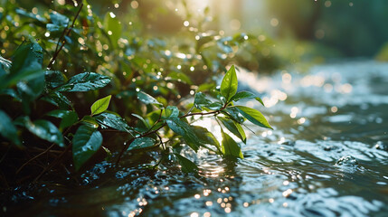 The relaxing water flowing through the lush green forest