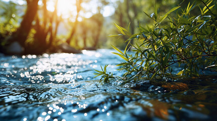 The relaxing water flowing through the lush green forest