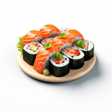 Sushi roll on wooden plate isolated on white background. 3d illustration