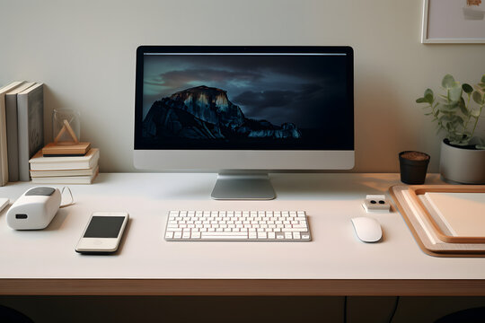 White modern desk with computer display. Free space for text. Top view. Headset, books , pad, plant, mug, keyboard, pen, mouse and dial beside.