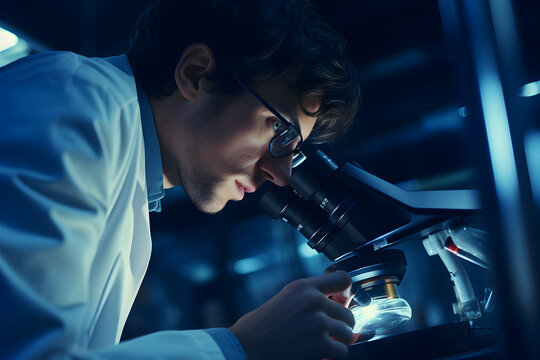 A Scientist Looking Through A Microscope, With The Lens Focused On A Cell Or Compound