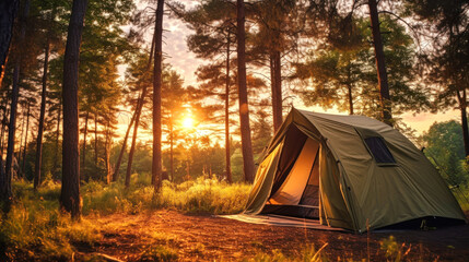 A Tent Pitched Up in the Woods. Hiking and outdoor recreation.