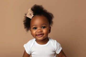 Design mockup: cute black baby girl wearing white blank shirt on a pastel brown background, studio shot