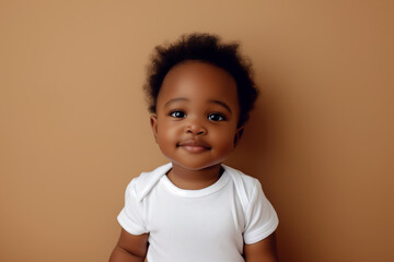 Design mockup: cute black baby girl wearing white blank shirt on a pastel brown background, studio shot