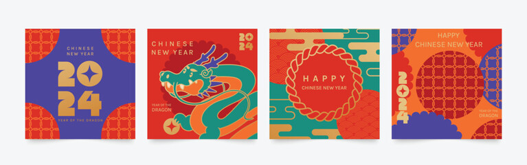 Chinese New Year square cover background vector. Year of the dragon design with dragon, pattern, cloud, coin. Modern oriental illustration for cover, banner, website, social media, poster, card.