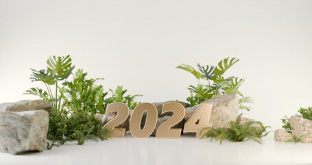 3d text 2024 with plant and rock on white background