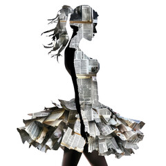 a woman made of newspaper, texture collage, isolated on white background or transparent background.