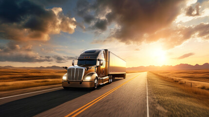 Truck on the highway at sunset. The sun drops below the horizon, casting a warm orange light on an open, powerful semi-trailer with a cargo, rushing into the distance along the highway.