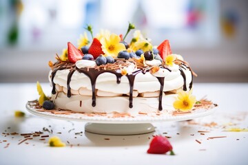 pavlova decorated with chocolate shavings