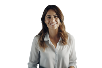 Portrait of an office employee a positive friendly woman in a shirt, the manager smiles and looks at the camera. Transparent background.