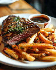 Grilled steak with fries and sauce on the white plate in restaurant