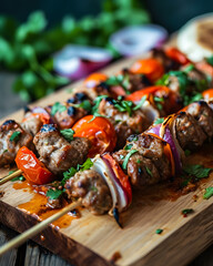 Shish kebab, skewers with beef, lamb and vegetables served on the wooded plate. Fast food concept ad photo.