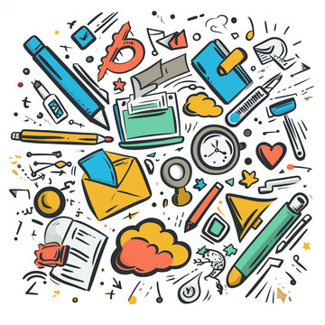 Lively doodle showcasing various content creation tools and words, embodying the dynamic essence of creative expression and multimedia storytelling.