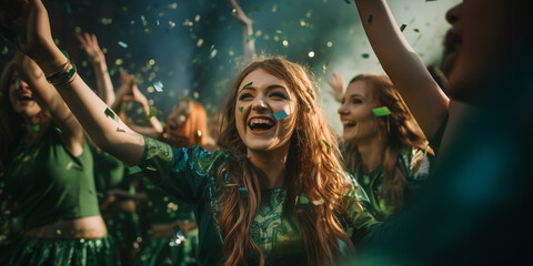 Photo of a happy girl in green clothes surrounded by a cheerful crowd celebrating St. Patrick's Day.