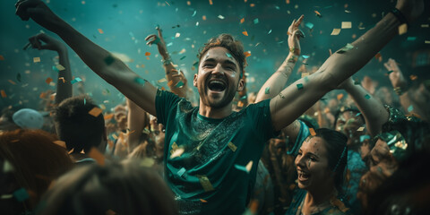 Photo of a happy young man in green clothes surrounded by a cheerful crowd celebrating St. Patrick's Day.
