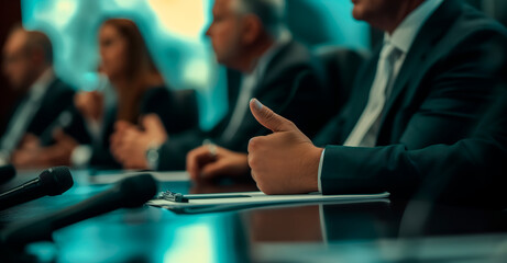 Close-Up: Caucasian Male Representative Speaking at Economic Conference. Businessman Gives an Interview. The Head of the Company and His Representatives at the Hearing.