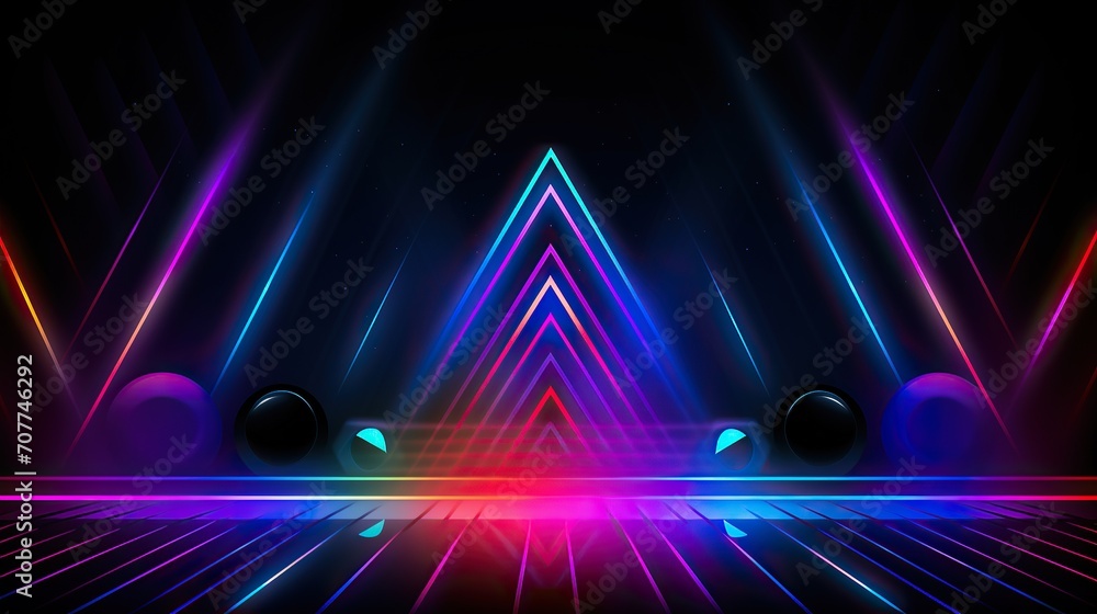 Poster neon lights, spotlights and ray.neon triangle frame with glowing effect on dark background. blank gl