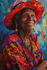 Artistic Oil Portrait of a Beautiful Smiling Creole Grandmother: Radiant Joy Captured on Canvas, Adorned in Vibrant Traditional Attire, Celebrating the Rich Cultural Heritage with Grace and Elegance