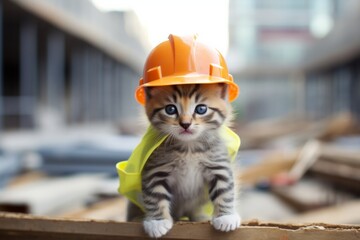A kitten dressed as a builder at a construction site with safety helmet. kitten wearing helmet for work. A kitten wearing a hard hat on top of a table.