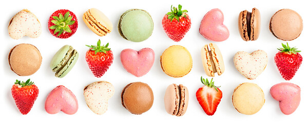 Macaroons, hearts and fresh strawberry set isolated on white background.