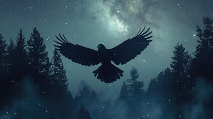 Fototapeta premium A raven flying above a forest at night, The starry night sky. Generative AI.