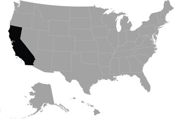 Black Map of US federal state of California within gray map of United States of America