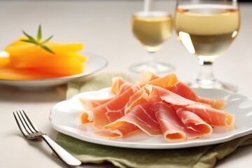 melon and prosciutto on a silver platter with a glass of white wine