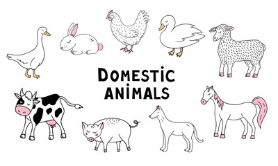 domestic animals set, cow, horse, pig. Vector Illustration for printing, backgrounds, covers and packaging. Image can be used for greeting cards, posters and stickers. Isolated on white background.
