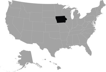 Black Map of US federal state of Iowa within gray map of United States of America