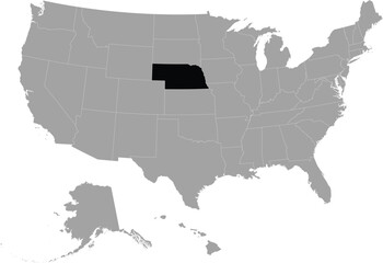 Black Map of US federal state of Nebraska within gray map of United States of America