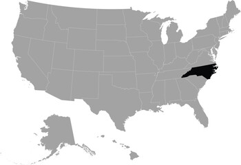 Black Map of US federal state of North Carolina within gray map of United States of America