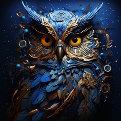 Blue and gold owl with red eyes and gold feathers Ai generated art