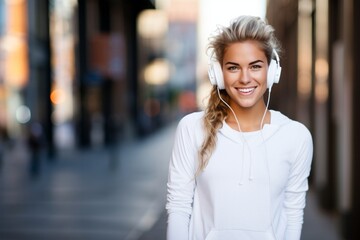 Young blonde woman wearing sportswear listening to music outdoors