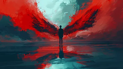 Fotobehang Man with angel wings seen as devil in water reflecting © Salman