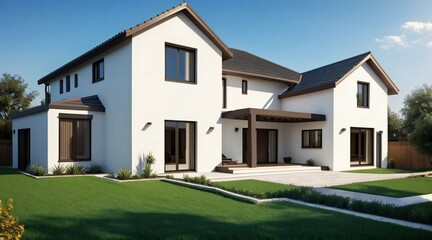 Modern white two-story house with dark roof and windows, featuring a spacious green lawn, patio, and clear blue sky, ideal for real estate, architecture, or home design projects.