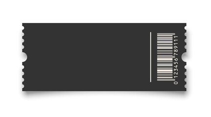 Cinema ticket realistic vector template. Retro black paper coupon for event, discount voucher mockup with barcode and text space on white background. Concert, movie, raffle, carnival blank pass
