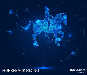 Horseback riding. Equestrian Ride: Poly-Mesh Hologram and Vector Design. This equestrian motif blends holographic elements with vector graphics, uniting tradition with modern flair.