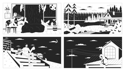 Recreation adults dusk black and white lofi wallpapers set. Sleepless night, cozy cabin 2D outline cartoon flat illustrations. Relax man dog, cat on roof vector line lo fi aesthetic backgrounds pack