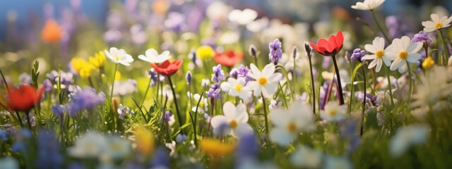 Flowers background, landscape panorama - Garden field of beautiful blooming spring or summer flowers on meadow, with sunshine and blue sky - obrazy, fototapety, plakaty