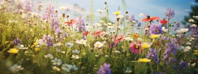 Flowers background, landscape panorama - Garden wild field of beautiful blooming spring or summer flowers on meadow, with sunshine and blue sky