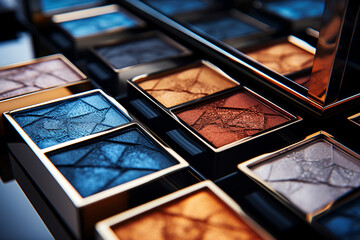 A visually striking ensemble of coordinated metallic eyeshadows, their high-shine finishes and sleek packaging creating an elegant and minimalist composition. - obrazy, fototapety, plakaty